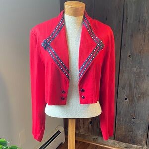 Vintage 1980’s open front lightweight Red Cropped Jacket w Navy Accents Sz M/L